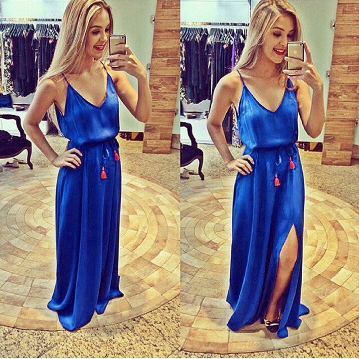 Spaghetti Strap Blue Loose Long Full Dress - O Yours Fashion - 1