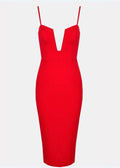 Spaghetti Strap Deep V-neck Bodycon Knee-length Red Dress - OhYoursFashion - 4