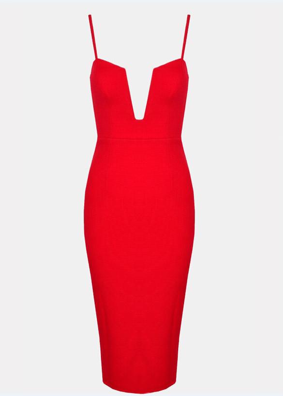 Spaghetti Strap Deep V-neck Bodycon Knee-length Red Dress - OhYoursFashion - 4