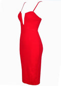 Spaghetti Strap Deep V-neck Bodycon Knee-length Red Dress - OhYoursFashion - 6