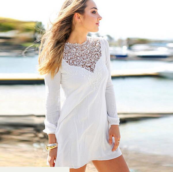 Lace Splicing Chiffon Long Sleeve Short Beach Dress - OhYoursFashion - 1