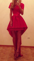 Asymmetric High Waist Short Sleeve Red Party Dress - Oh Yours Fashion - 5