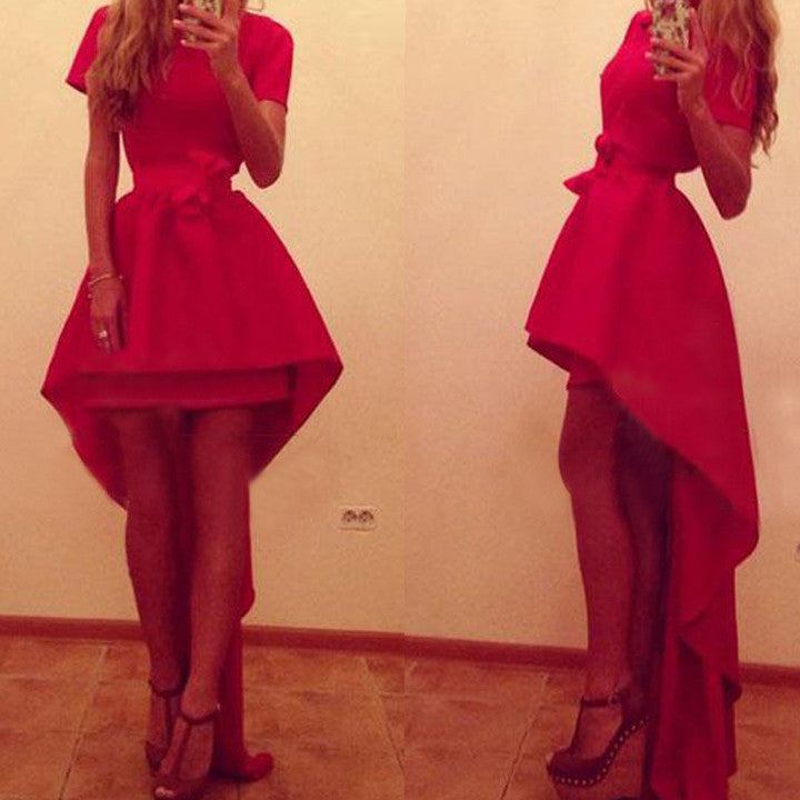 Asymmetric High Waist Short Sleeve Red Party Dress - Oh Yours Fashion - 1