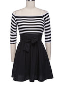 Half Sleeves Off Shoulder Stripe Stitching Short Dress - OhYoursFashion - 4