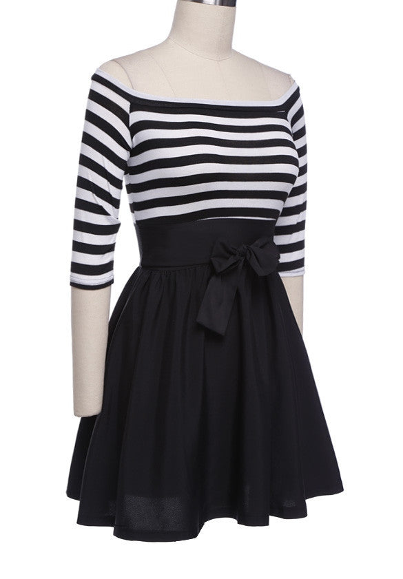 Half Sleeves Off Shoulder Stripe Stitching Short Dress - OhYoursFashion - 5