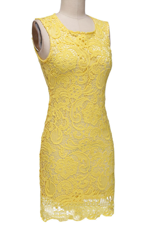 Backless Pure Yellow O-neck Lace Sleeveless Dress - O Yours Fashion - 3