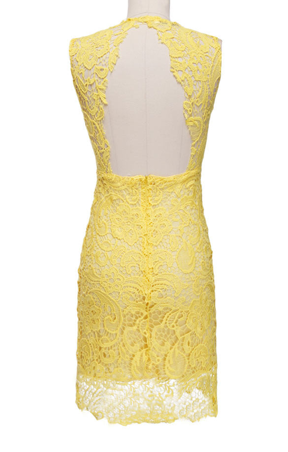 Backless Pure Yellow O-neck Lace Sleeveless Dress - O Yours Fashion - 4