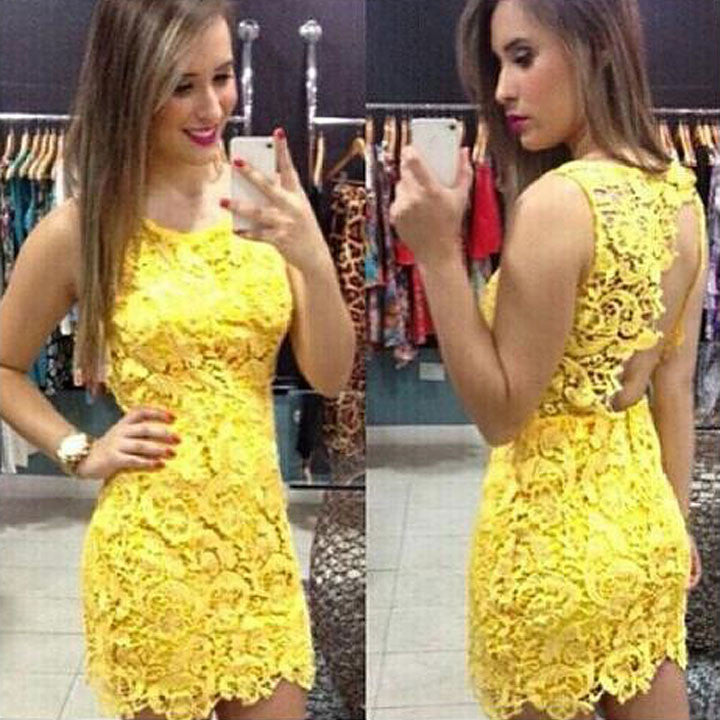Backless Pure Yellow O-neck Lace Sleeveless Dress - O Yours Fashion - 1