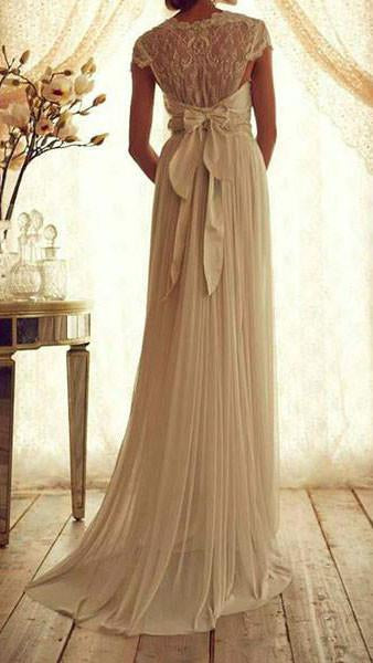 Lace Chiffon Bowknot High Waisted Cap Sleeve V-neck Long Dress - OhYoursFashion - 4