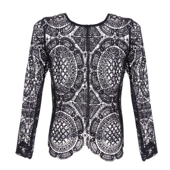 Casual Long Sleeve Hollow Out Lace Top Blouse - O Yours Fashion - 5