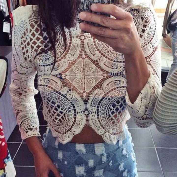 Casual Long Sleeve Hollow Out Lace Top Blouse - O Yours Fashion - 1
