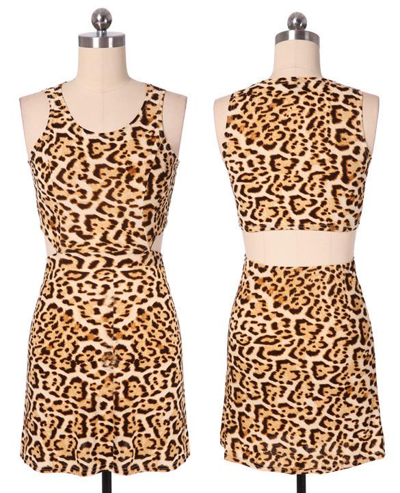 Sleeveless O-neck Waist Slitting Leopard Cut Out Mini Dress - OhYoursFashion - 4