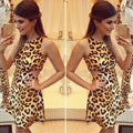Sleeveless O-neck Waist Slitting Leopard Cut Out Mini Dress - OhYoursFashion - 1
