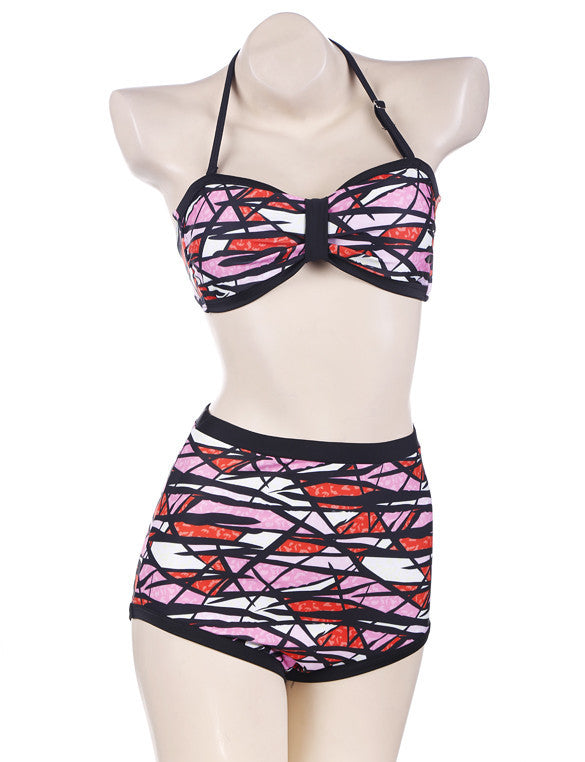 Halter Contrast Color Push-up High Waist Bikini Set Swimsuit - OhYoursFashion - 2