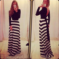 Long Sleeves Backless Stripe Long Loose Dress - OhYoursFashion - 1