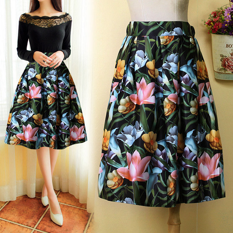 High Waist Print A-Line Pleated Midi Swing Skirt - O Yours Fashion - 1
