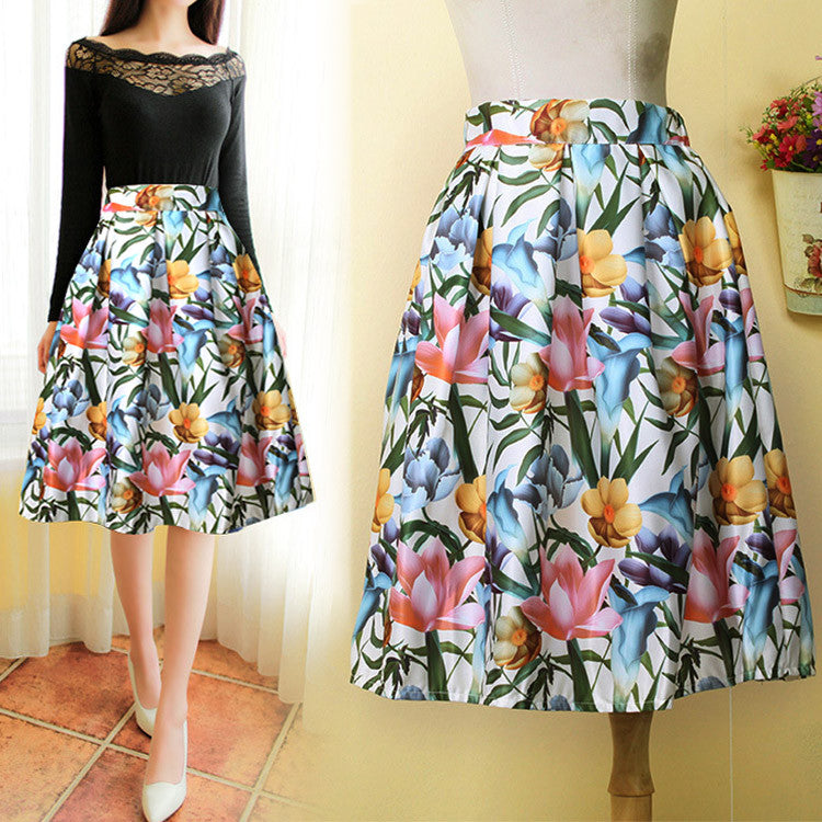 High Waist Print A-Line Pleated Midi Swing Skirt - O Yours Fashion - 2