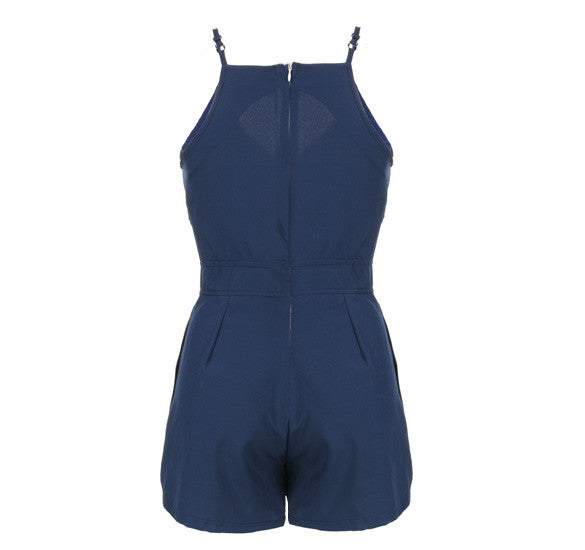 High Waist V-neck Strap Short Jumpsuit Blue - O Yours Fashion - 5