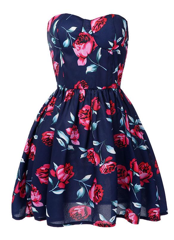 Strapless Off-Shoulder Floral Mini Pleated A-line Dress - OhYoursFashion - 2