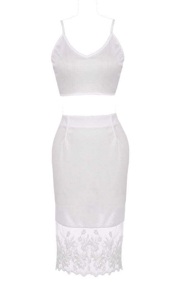Backless Vest Top Organza Lace Hem Stitching Pencil Skirt Dress Set - O Yours Fashion - 3