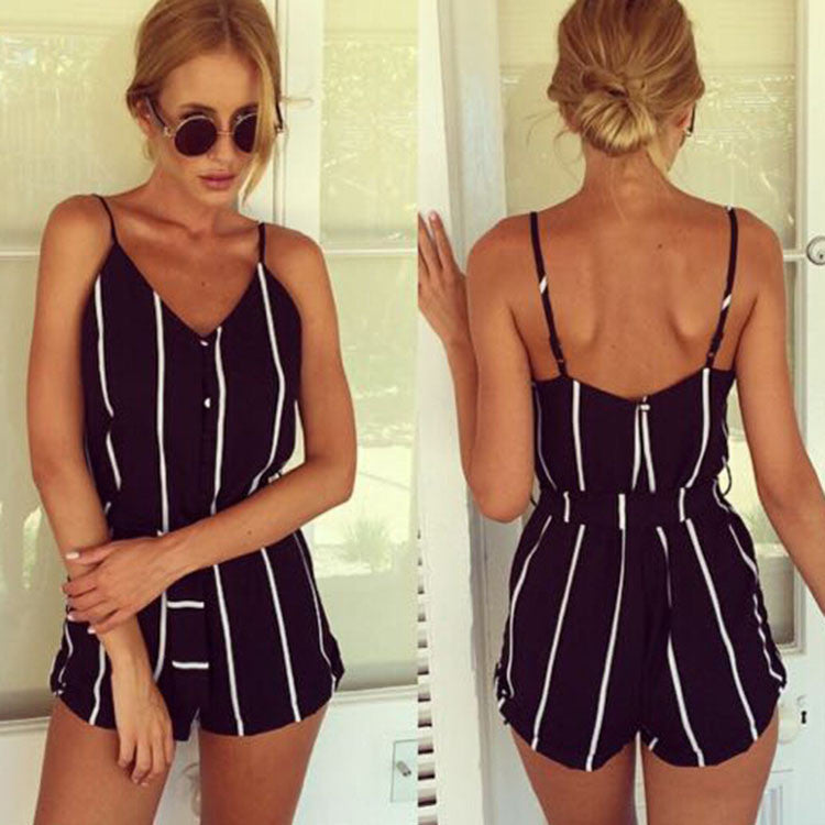 Stylish Lady Women Fashion Striped Summer V-neck Overall Jumpsuit - Oh Yours Fashion - 1