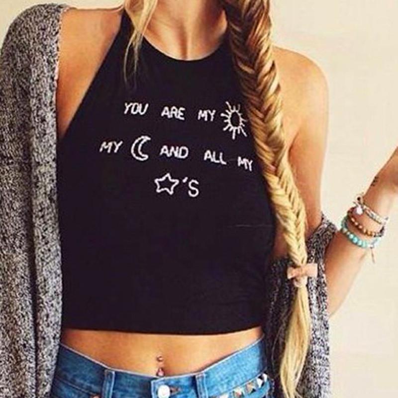 Sleeveless O-neck Letter Print Backless Straps Crop Top - OhYoursFashion - 1