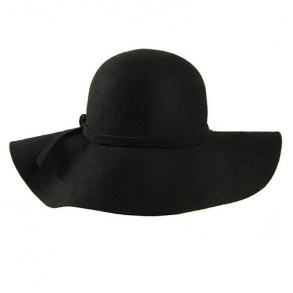 New Fashion Retro Style Lady Women Wide Brim Wool Felt Bowler Fedora Hat Floppy Cloche Black - Oh Yours Fashion - 1
