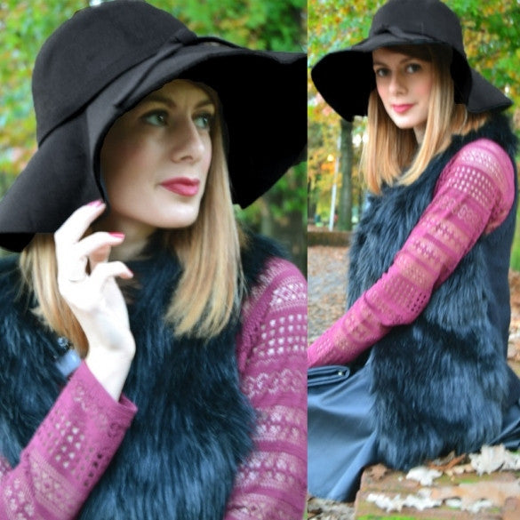 New Fashion Retro Style Lady Women Wide Brim Wool Felt Bowler Fedora Hat Floppy Cloche Black - Oh Yours Fashion - 1