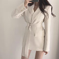 Autumn Winter Women Jackets Office Ladies Lace up Notched Formal Outwear Elegant  White Black Tops