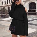 Autumn Winter Turtleneck Off Shoulder Knitted Sweater Dress Women Solid Slim Plus Size Long Pullovers Knitting Jumper