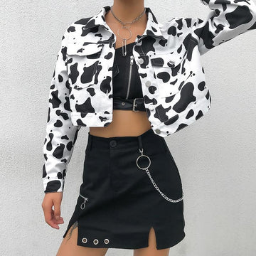 Streetwear Cow Print Cropped Female Jacket Casual Buttons Coat Women Cardigan Spring Autumn Basic Jackets Outwear