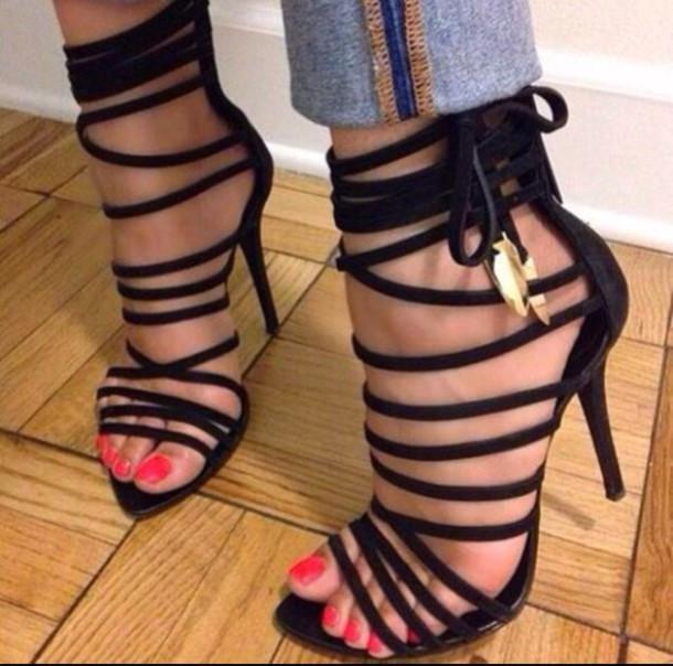Women's High Heel Gladiator Black Strappy Stiletto Sandals - OhYoursFashion - 1