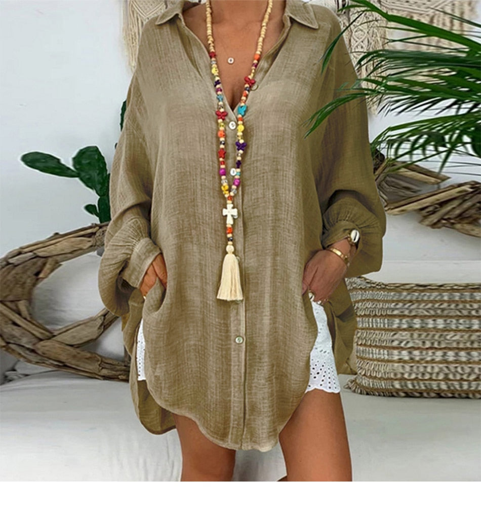 Linen Womens Tops And Blouses Plus Size Long Sleeve Turn Down Collar Female Tunic Beach Style Thin Women Summer Blouse