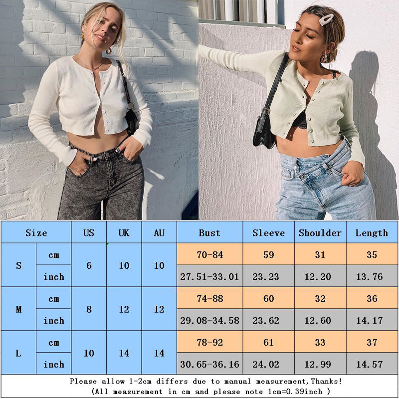 Casual Knitted Short Cardigans Women O Neck Long Sleeve Buttoned Crop Sweaters Jumper