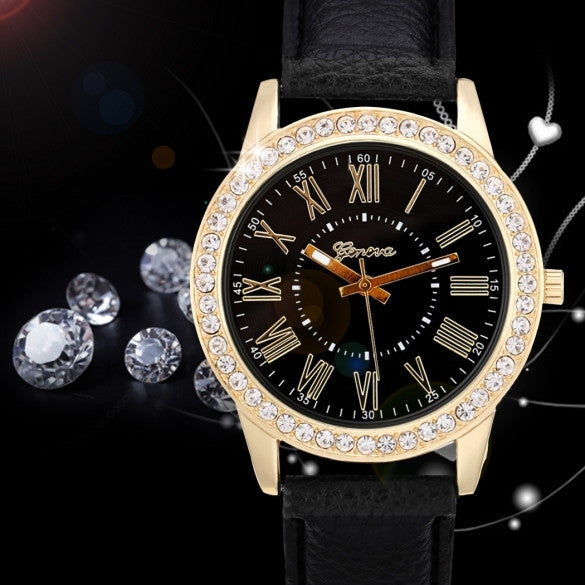 Fashion Women Analog Synthetic Leather Watchband Rhinestone Decoration Quartz Casual Watch Wristwatch - Oh Yours Fashion - 1