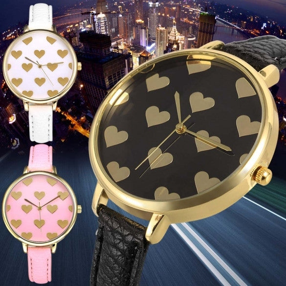 Women Fashion Synthetic Leather Large Dial Slim Watchband Heart Pattern Quartz Analog Wrist Watch - Oh Yours Fashion - 1