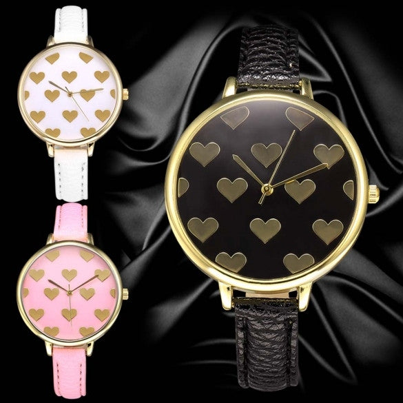 Women Fashion Synthetic Leather Large Dial Slim Watchband Heart Pattern Quartz Analog Wrist Watch - Oh Yours Fashion - 6
