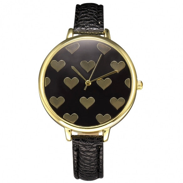 Women Fashion Synthetic Leather Large Dial Slim Watchband Heart Pattern Quartz Analog Wrist Watch - Oh Yours Fashion - 2