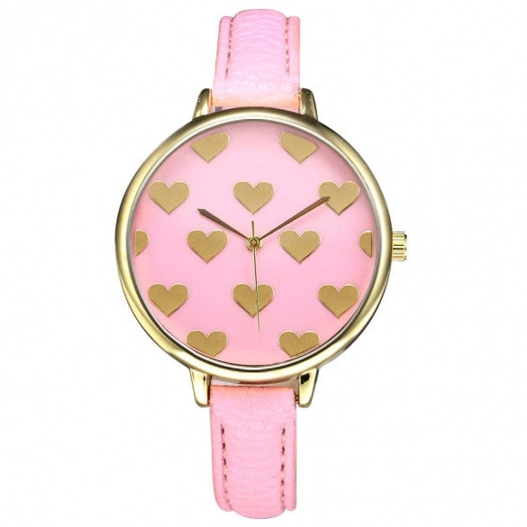 Women Fashion Synthetic Leather Large Dial Slim Watchband Heart Pattern Quartz Analog Wrist Watch - Oh Yours Fashion - 3