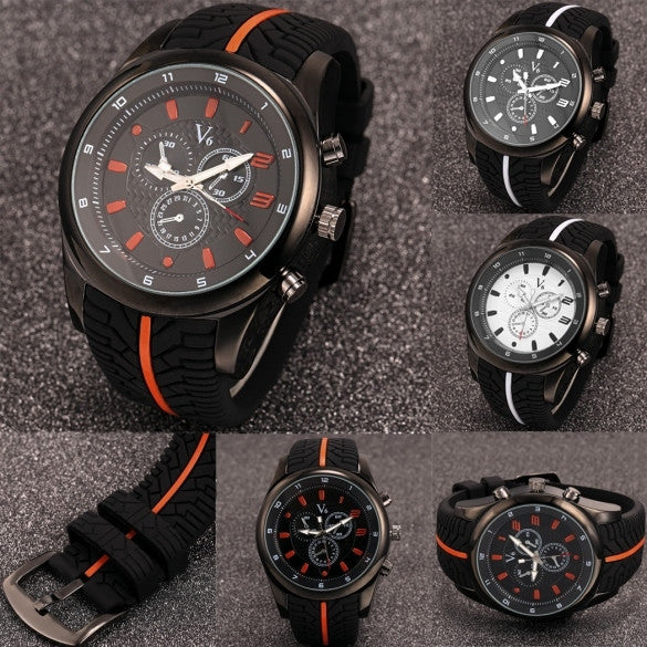 Men Fashion Tire Pattern Silicone Watchband Large Dial Quartz Analog Sport Wrist Watch - Oh Yours Fashion - 4