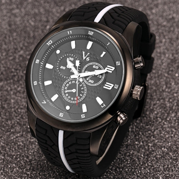 Men Fashion Tire Pattern Silicone Watchband Large Dial Quartz Analog Sport Wrist Watch - Oh Yours Fashion - 1