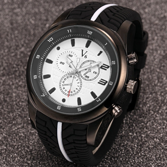 Men Fashion Tire Pattern Silicone Watchband Large Dial Quartz Analog Sport Wrist Watch - Oh Yours Fashion - 5