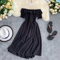 Women Summer Dresses Plaid Slash Neck Off Shouder Solid Vestidos Ruffles A-Line High Waist Dress