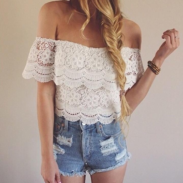Lace Crochet Off-Shoulder Tee Shirt Blouse - OhYoursFashion - 1