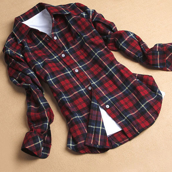 Button Cotton Lapel Shirt Plaids Flannel Shirt - OhYoursFashion - 1