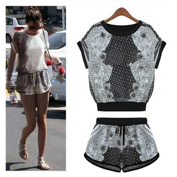 Print T-shirt Shorts Playsuit Activewear Two Pieces Suit - OhYoursFashion - 1