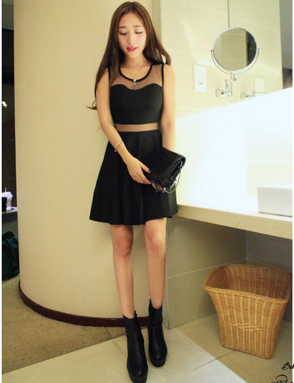 Net Yarn Sleeveless Little Black Dress - OhYoursFashion - 5