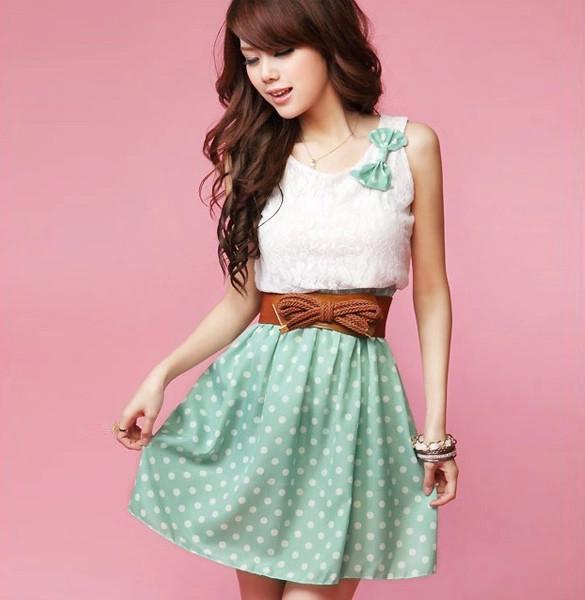 Polka Dot Sweet Lovely Lace Mini Belt Dress - OhYoursFashion - 1