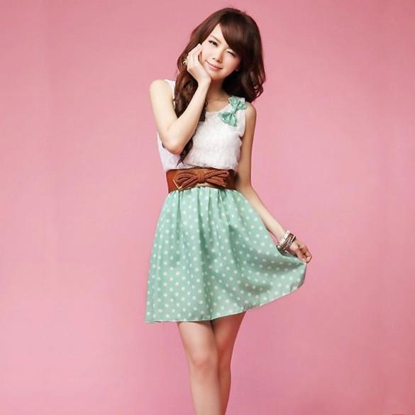 Polka Dot Sweet Lovely Lace Mini Belt Dress - OhYoursFashion - 4