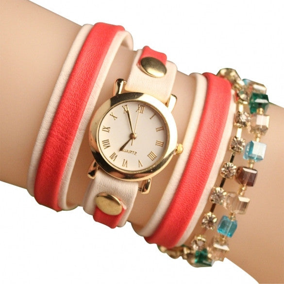 Fashion Wrap Around Rhinestone Chain Synthetic Leather Bracelet Quartz Wrist Watch - Oh Yours Fashion - 1